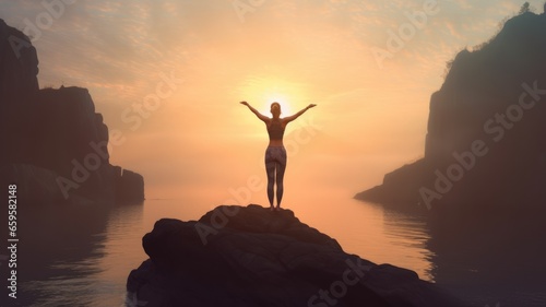 Woman Backlit in Yoga Pose in calm sunrise Zen. Generative AI image weber.