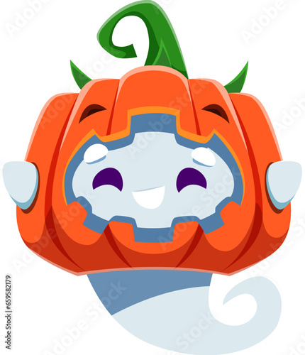Cartoon kawaii Halloween ghost, cute monster character. Horror funny spirit personage, Halloween holiday cheerful ghost or kawaii monster vector happy smiling character with pumpkin mask on head