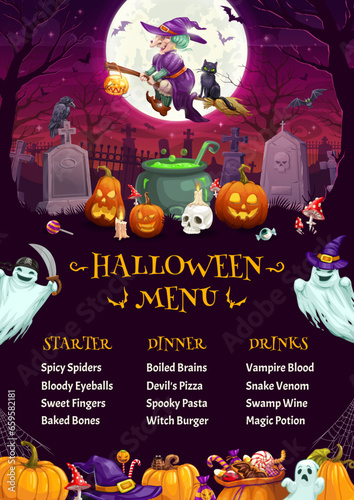 Halloween holiday menu vector template with cartoon ghosts, witch and pumpkin characters on cemetery landscape background. Trick or treat horror night monsters personages, restaurant menu flyer