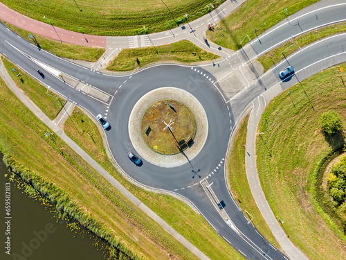 Aerial top down view of roundabout traffic in Amsterdam, Netherlands photo