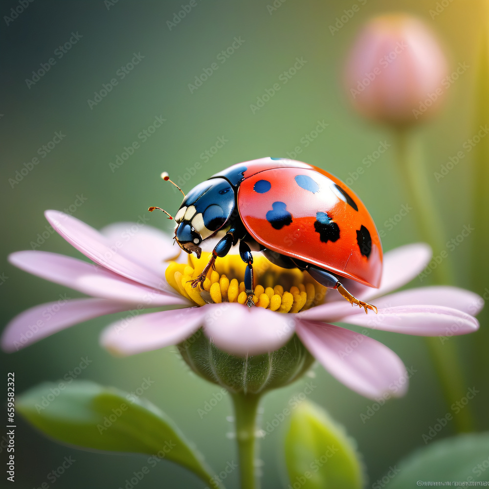 Fototapeta premium Macro ladybug perched on a flower