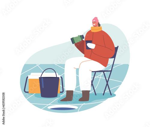 Female Character On Winter Fishing. Woman Embraces Warmth, Sipping Hot Tea From Her Trusty Thermos While Ice Fishing