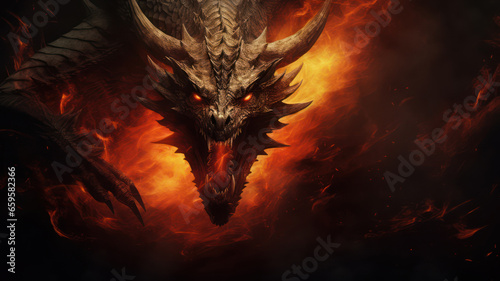 Scareful huge fire dragon on dark dreamatic background with flames