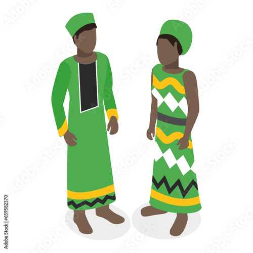3D Isometric Flat Vector Set of African Outfit, Men and Women in National Clothes. Item 1