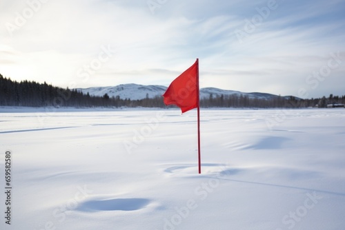 bright red tip-up flag sprung on a snowy landscape