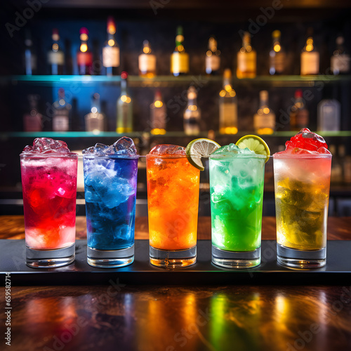 Five vibrant cocktails on a bar.