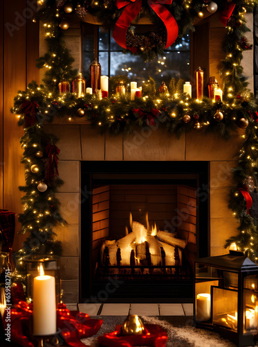 Cozy Christmas fireplace extreme closeup dark cinematic.