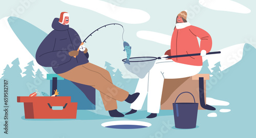 Couple Characters, Bundled In Warm Winter Gear, Sitting Face To Face On A Frozen Lake, Rods In Hands, Smiling