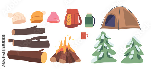 Winter Camping Items. Campfire, Woods And Brushwood, Spruces, Cold-weather Tent, Thermal Clothing, Backpack