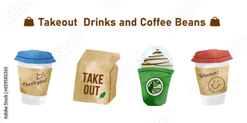 テイクアウトのドリンクとコーヒー豆