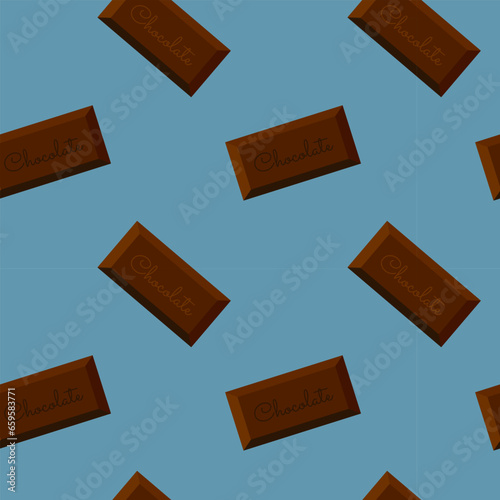 Pattern with bars pieces of chocolate in blue background.