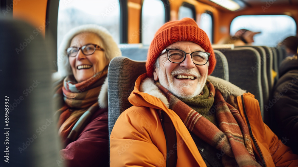 Group of elderly travelers on a scenic winter train journey, elderly people, winter trip, blurred background