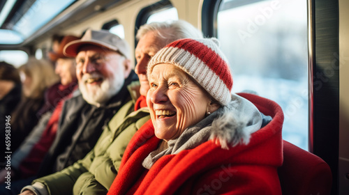 Group of elderly travelers on a scenic winter train journey, elderly people, winter trip, blurred background