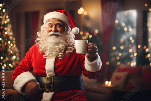 santa claus sitting at the table in a red chair, blurred background of a christmas decorated living room