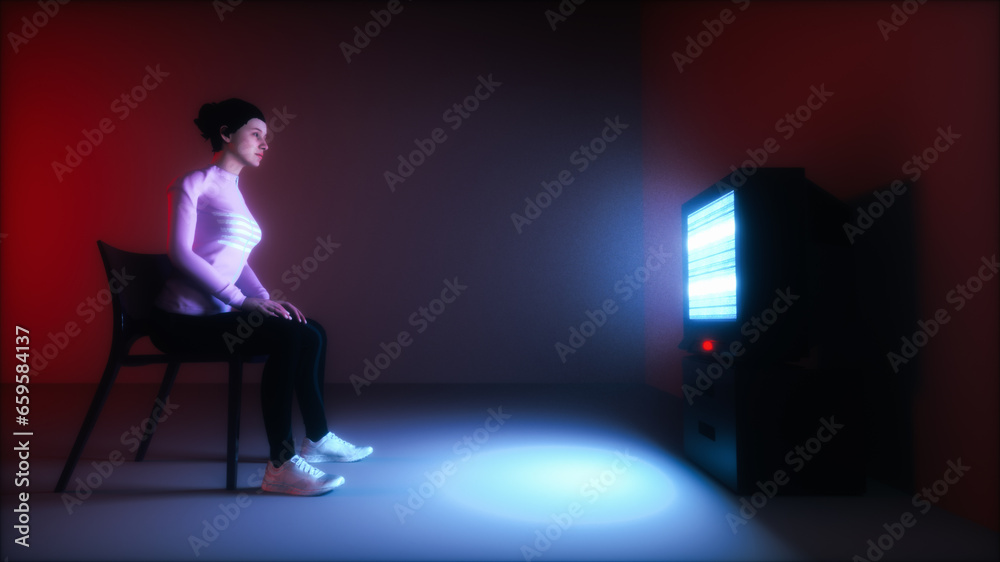 Obraz premium A young woman sits lonely in front of the television (3d rendering)