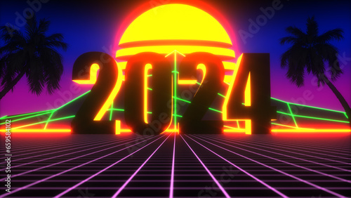 the year 2024 in a neon environment (3d rendering)