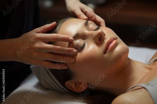 Relaxing massage. Close-up of cosmetic procedures. Woman enjoying face massage in SPA treatment. 