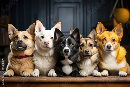 Group portrait of dogs. Studio shoot. Pets animals guns