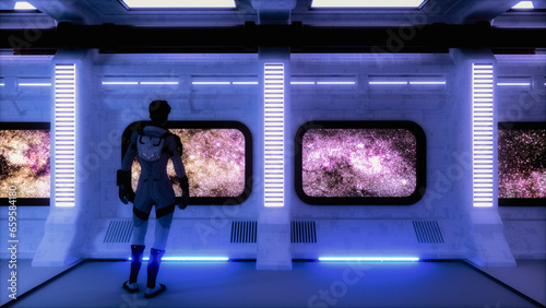 Fototapeta Naklejka Na Ścianę i Meble -  An astronaut looks out the window of her space station (3d rendering)