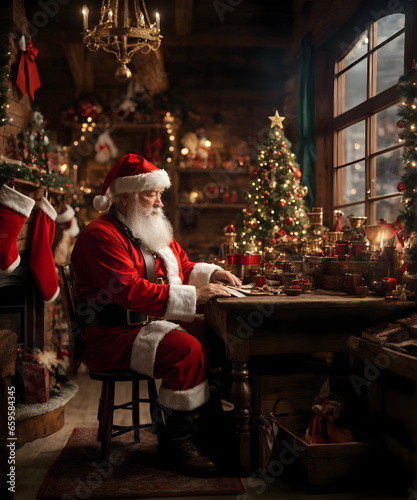 Santa Claus is making gifts in his workshop