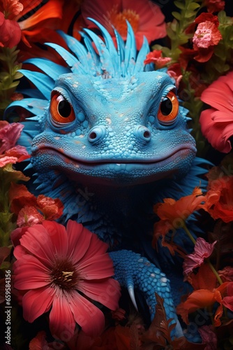Fascinating Happy Blue Lizard surrounded by Colorful Flowers with a Dark background.