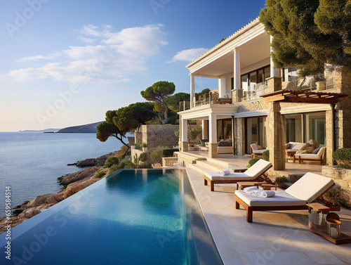 A stunning Mediterranean villa with a breathtaking view of the sea, photographed on a sunny day. © Szalai