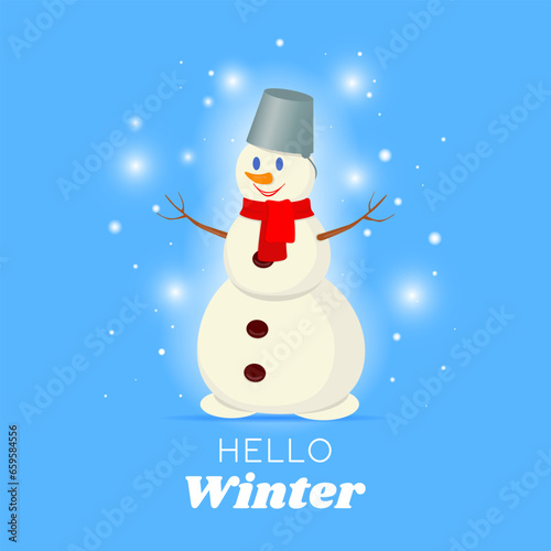 Vector illustration. Winter card with cute snowman in bowler hat, and inscription hello winter. Festive template for poster, banner, greeting card, invitation for New Year and Christmas. © irina