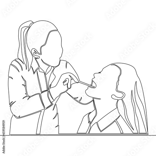 Continuous line drawing Teeth dentistry checkup doctor examines the throat icon vector illustration concept