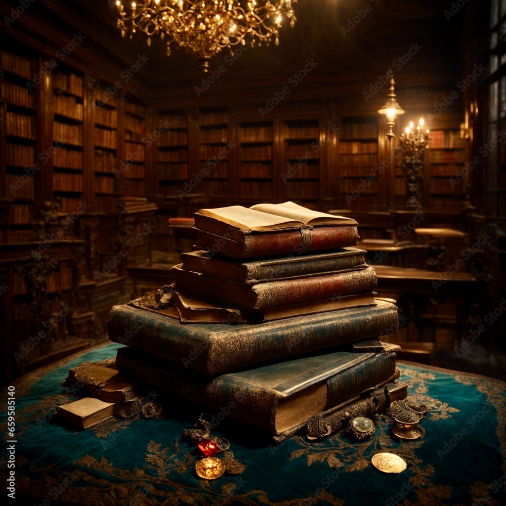A mystical library with valuable ancient books. a historical atmosphere. old books. A mystical library with valuable ancient books. a historical atmosphere. old books.