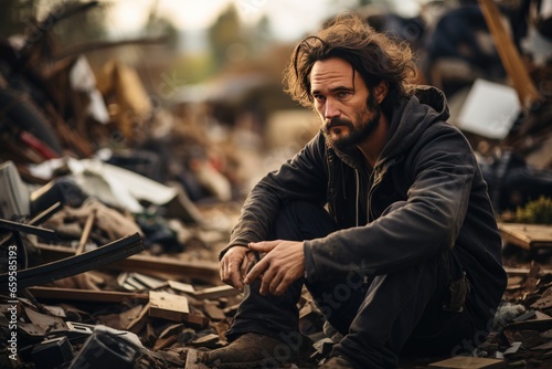 A lone man in the damaged city among debris left after a hurricane, earthquake or tsunami. © Aleksandr