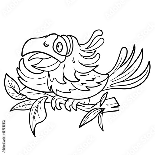 macaw parrot Toucan sits on branch coloring page. Black and white vector illustration of nature with cute birds for colouring book