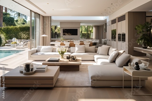 Luxurious Interior Design of a Modern White Living Room  some Wooden Decorations. Expensive Villa.