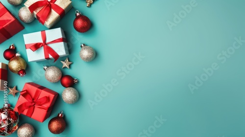 Many different gift boxes with bows and Christmas red balls on a turquoise background with copy space top view
