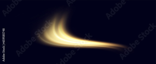 Golden glowing swirl. The effect of moving at the speed of light. Easy trail. Shiny wavy path. Vector.Neon light.