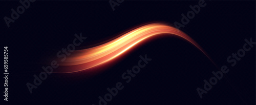 Golden glowing swirl. The effect of moving at the speed of light. Easy trail. Shiny wavy path. Vector.Neon light.
