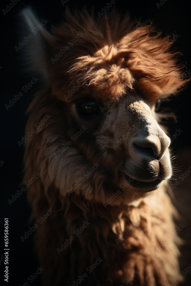 Alpaca head portrait, low light, moody and dark. Generative AI