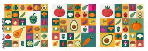 Abstract geometric Bauhaus patterns set with vegetables.