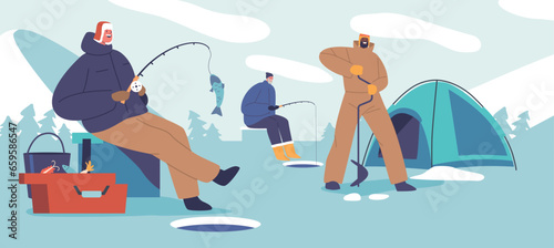 Male Characters On Winter Fishing Expedition, Bundled In Layers Against The Icy Cold, Patiently Waiting For Their Catch