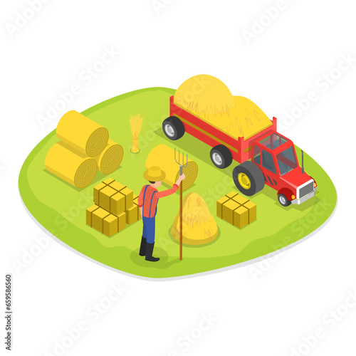 3D Isometric Flat Vector Set of Agriculture Scenes, Harvest Season. Item 1