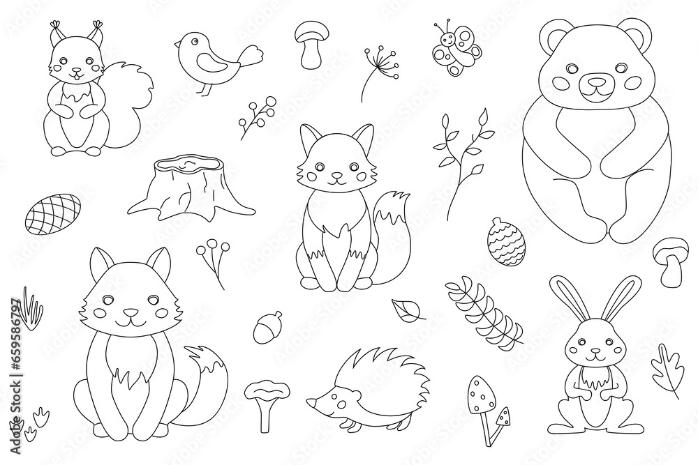 Vector illustration with cute forest animals in the style of linart.