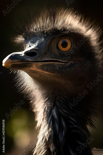Emu head portrait, low light, moody and dark. Generative AI