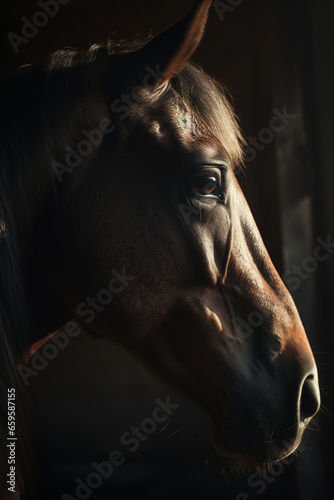 Horse head portrait, low light, moody and dark. Generative AI