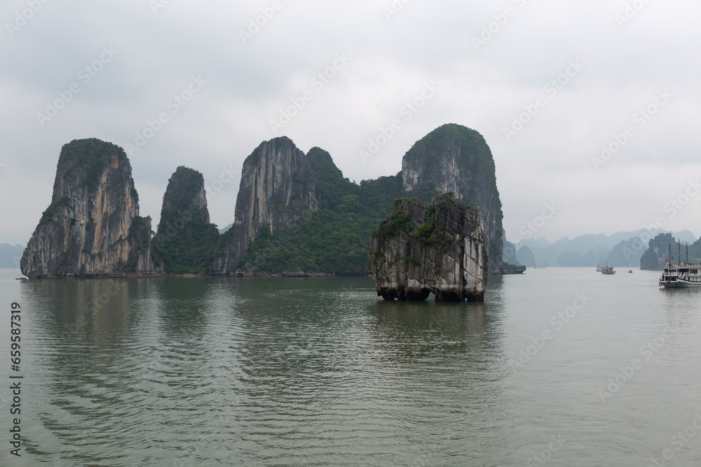 Vietnam Ha Long Bay on a cloudy spring day