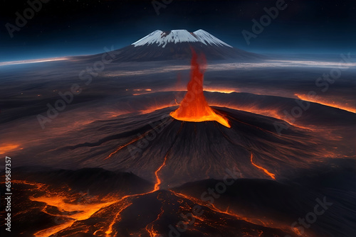 It is an active volcano with a dark night, amazing trees, and a dark sun surrounding green.