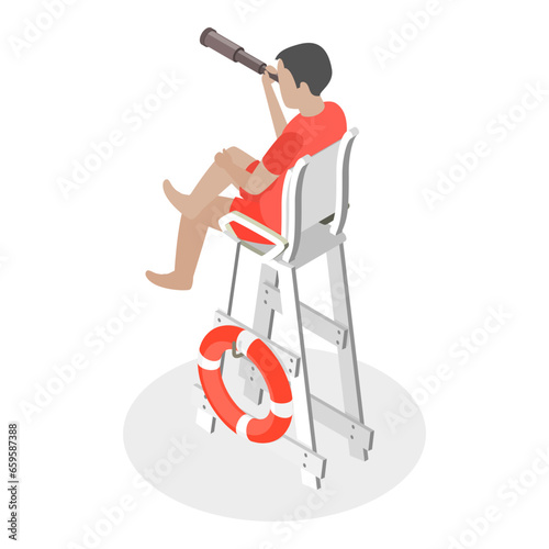 3D Isometric Flat Vector Illustration of Beach Lifeguard, Water Rescue. Item 2