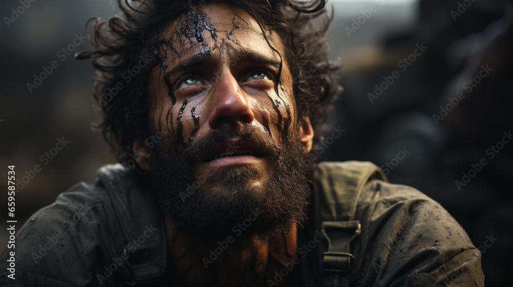 Closeup portrait of an injured soldier's face with a thousand-yard stare.