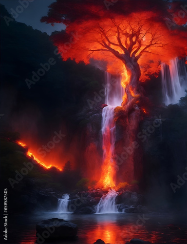 It is an active volcano with a dark night  amazing trees  and a dark sun surrounding green.