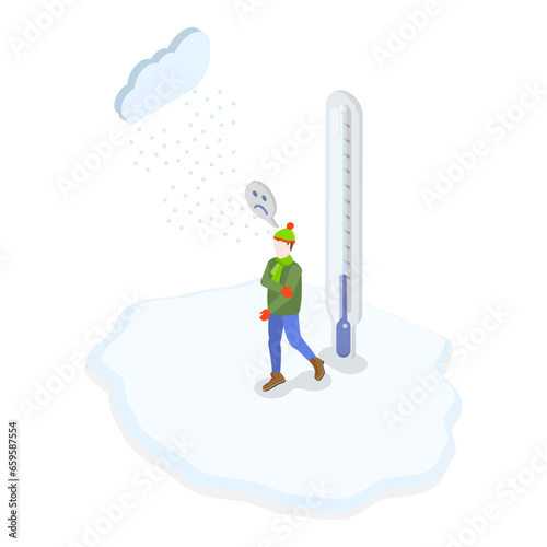 3D Isometric Flat Vector Illustration of Hot And Cold Weather, Winter and Summer Season Problem. Item 1
