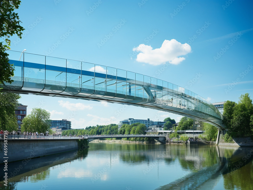 A sleek, contemporary glass and steel bridge elegantly stretches across a flowing river. A sleek, contemporary glass and steel bridge elegantly stretches across a flowing river.