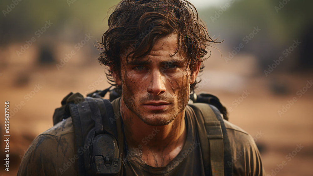 Closeup portrait of an injured soldier's face with a thousand-yard stare.